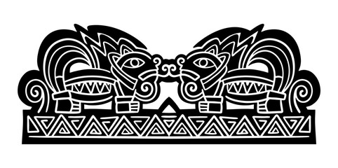 Stylized ink drawing of jaguar, aztec or maya native american petroglyph style, black and white, isolated, for custom print and logo design