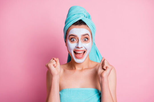 Photo of young excited firl happy smile enjoy face care win victory fists hands isolated over pastel color background