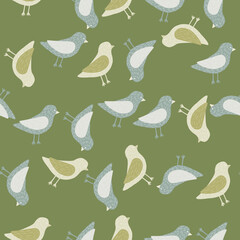 Nature fauna seamless pattern with random blue and beige dove birds print. Green background.
