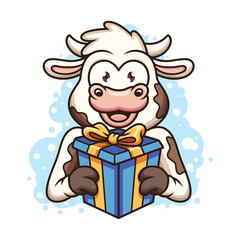 Cute Cow Bring Gift Box. Vector Icon Illustration. Animal Icon Concept Isolated on White Background