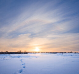winter plain covered by a snow at the sunset with human track, seasonal outdoor background