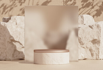 Mockup empty stone podium with rough glass frame. Minimal background for branding and product presentation. 3d rendering cosmetics, beauty product promotion pedestal.