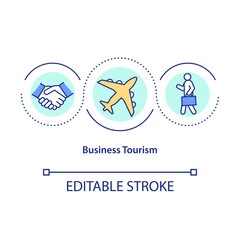 Business tourism concept icon. Providing organization and management of business trips for company employees idea thin line illustration. Vector isolated outline RGB color drawing. Editable stroke