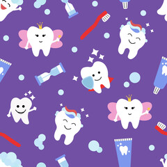 Seamless pattern with cute teeth and objects for dental care on purple background - funny toothpaste, brush, hourglass. Cute Tooth Fairy. Vector illustration.