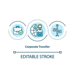 Fototapeta na wymiar Corporate traveller concept icon. Travel primary of business-related idea thin line illustration. Employees travelling to conference. Vector isolated outline RGB color drawing. Editable stroke