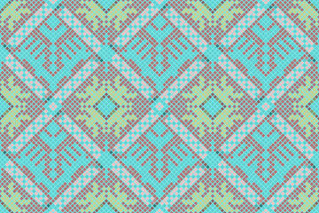 Ethnik geometric seamless pattern in blue,green and pink colors. Embroidered handmade cross-stitch Ukraine ornament.Traditional design for background,carpet,wallpaper,clothing,wrapping,fabric.