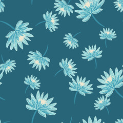 Random seamless pattern with blue palette chrysanthemum flowers ornament. Doodle nature backdrop.
