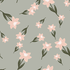 Decorative flat flora seamless pattern with random pink simple flower silhouettes print. Grey background.