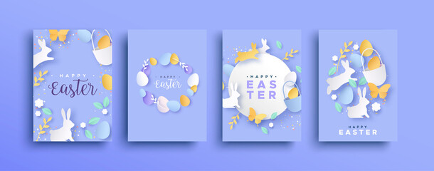 Happy easter spring paper cut rabbit egg card set