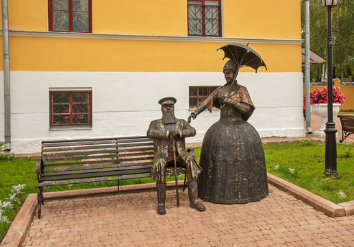 Sculpture in front of estate of Timofey Chistov (Opochinin library)in Myshkin. Russia
