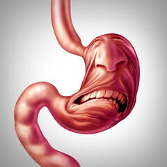 Stomach ache and upset digestion problem and food poisoning pain or ulcer discomfort medical concept as a human digestive organ painfully screaming as a healthcare stress and anxiety - obrazy, fototapety, plakaty