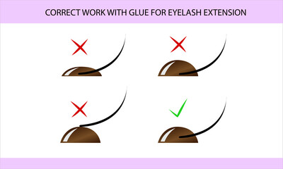 Correct work with glue in eyelash extension, guide, infographics, vector illustration