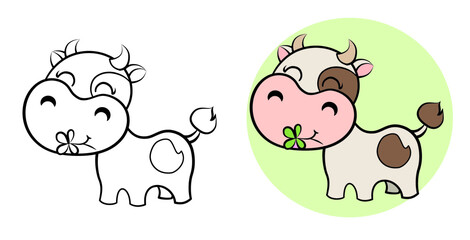 children's coloring book with a cute painted cow chewing grass on a white background, vector illustration