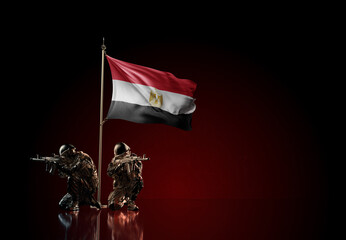 Concept of military conflict. Waving national flag of Egypt. Illustration of coup idea. Two soldier statue guards defending the symbol of country against red wall