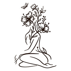 Woman with flower head. Line art woman body. Female body line art. Woman silhouette line. Woman and flowers. Vector illustration isolated on white background. 