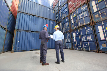 Engineer or supervisor checking and control loading Containers box from Cargo at harbor.Foreman control Industrial Container Cargo freight ship at industry.Transportation and logistic concept.