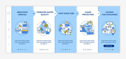Naklejka premium Hydropower vector infographic template. Source of electricity and storage presentation design elements. Data visualization with 5 steps. Process timeline chart. Workflow layout with linear icons