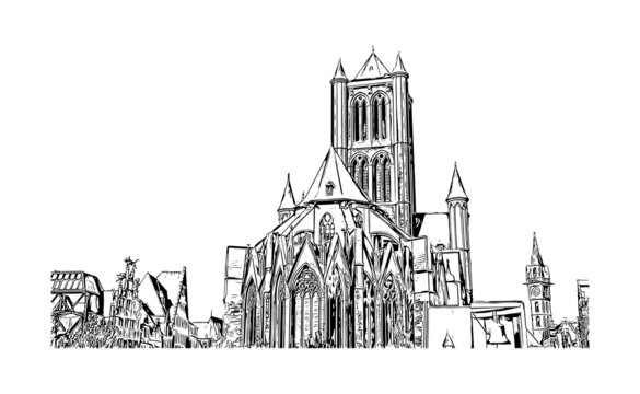 recommend clip art: Building view with landmark of Ghent is a port city in northwest Belgium. Hand drawn sketch illustration in vector.
