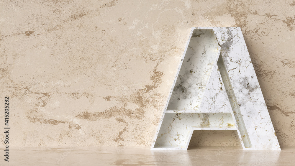 Poster shelf letter “a” made of white marble stone with golden textures on a beige marble background. copy 
