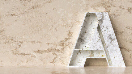 Shelf letter “A” made of white marble stone with golden textures on a beige marble background. Copy space to display objects or text. 3D rendering.