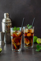 Cocktail cuba libre with lime and ice. Rum and cola Alcoholic beverages. Bar. Restaurant.