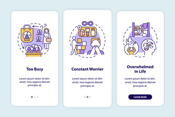 Clutter personality types onboarding mobile app page screen with concepts. Category definition walkthrough 3 steps graphic instructions. UI vector template with RGB color illustrations