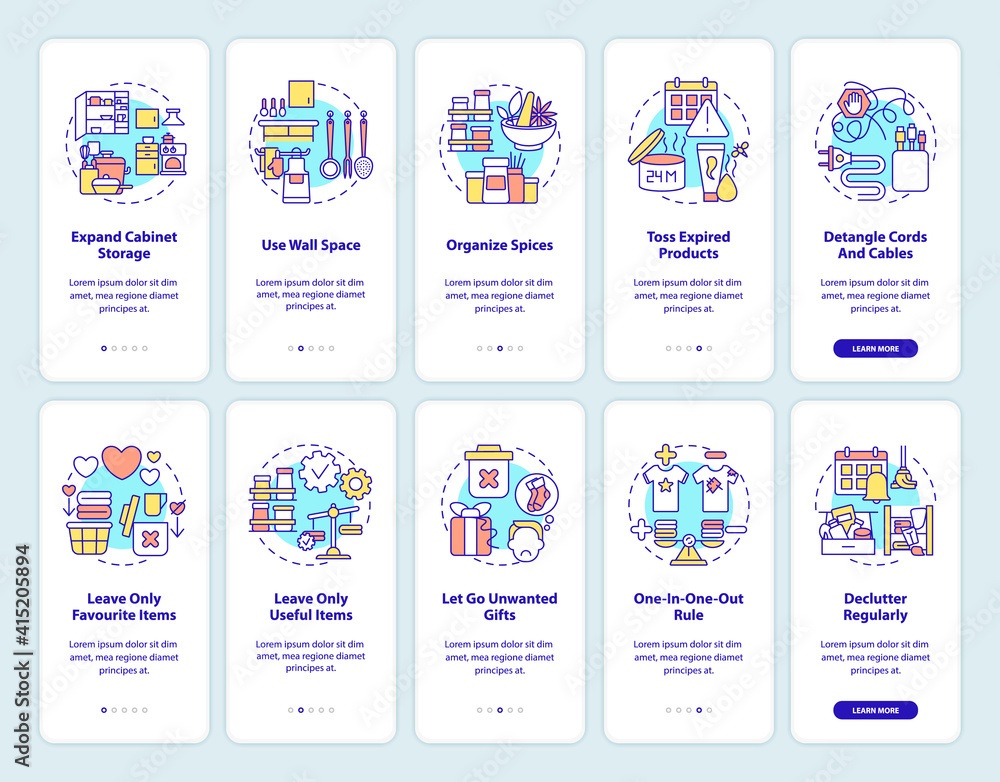 Poster declutter regulary onboarding mobile app page screen with concepts set. detangle cord and cables wal