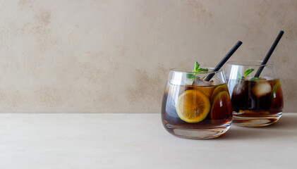 Cocktail cuba libre with lime and ice. Rum and cola Alcoholic beverages. Bar. Restaurant.