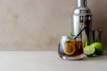 Cocktail cuba libre with lime and ice. Rum and cola Alcoholic beverages. Bar. Restaurant.