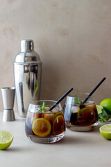 Cocktail cuba libre with lime and ice. Rum and cola Alcoholic beverages. Bar. Restaurant.