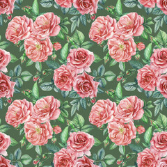 Vintage flowers, branches of roses, buds and leaves. Watercolor flowers. Seamless patterns