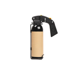 Large spray can with isolate on a white back. Black spray bottle with colored button. Pepper spray for self defense.