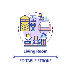 Naklejka premium Living room concept icon. Decoration and decluttering idea thin line illustration. Place for relax. Rearrangement of furniture. Vector isolated outline RGB color drawing. Editable stroke