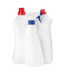 Bottles of different cleaning products on white background