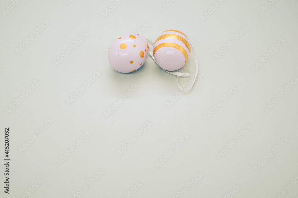 Poster easter eggs colored with golden paint in different patterns isolated on a white background