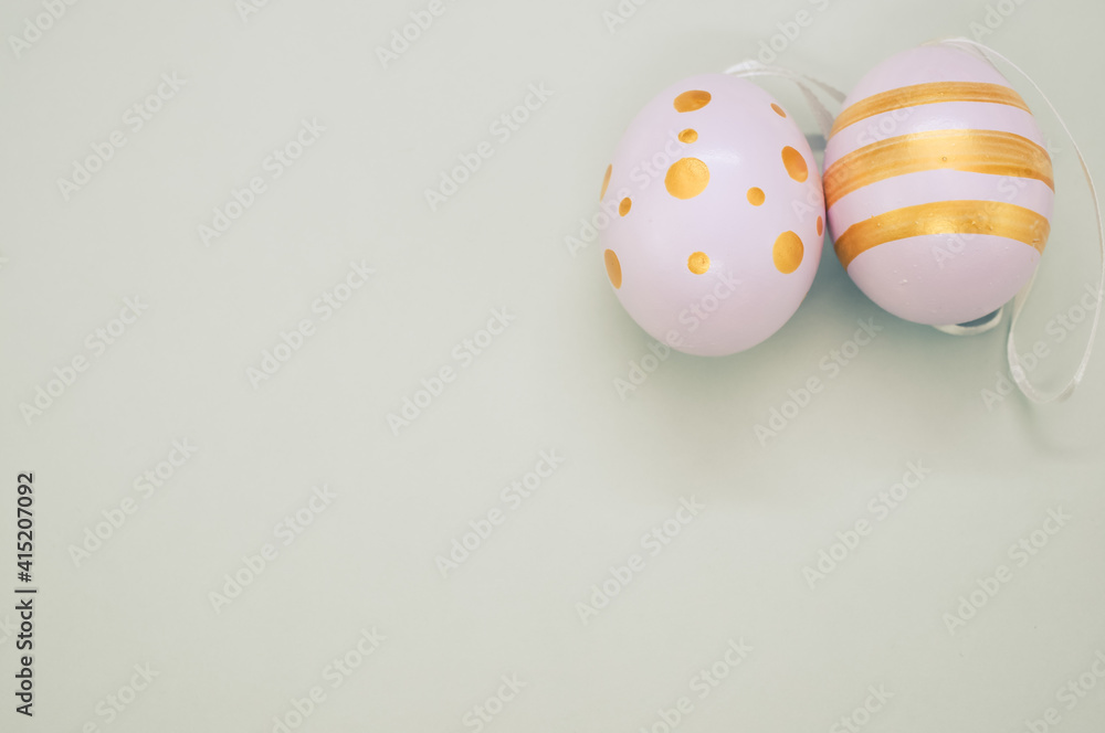Poster easter eggs colored with golden paint in different patterns isolated on a white background