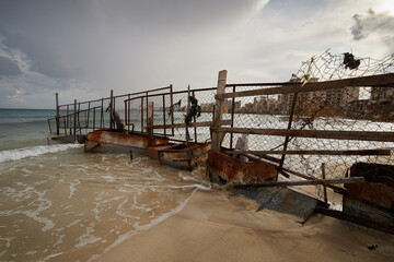 The forbidden zone with view of the Greek resort Famagusta, abandoned after the Turkish invasion of...