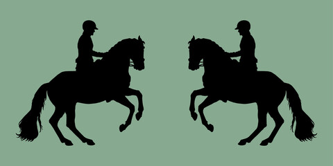 black silhouettes on a green background, dressage, two riders facing each other.