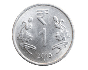 India one rupee coin on white isolated background