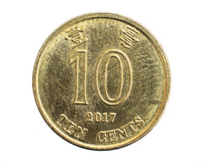 Hong Kong ten cents coin on white isolated background