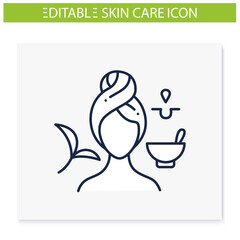Acne-facing toner line icon. Organic tea leaves face product, spa procedures. Natural skincare concept. Facial beauty treatment. Isolated vector illustration.Editable stroke