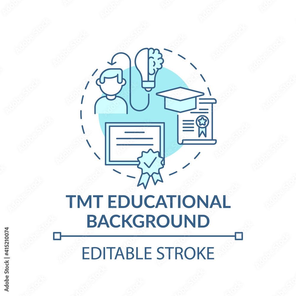Poster Tmt educational background concept icon. Top management team analysis criteria. Place of learning. Work idea thin line illustration. Vector isolated outline RGB color drawing. Editable stroke