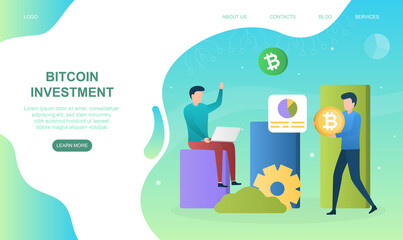 Two male characters are investing in bitcoin. Concept of financial strategy and bitcoin investment. Website, web page, landing page template. Flat cartoon vector illustration