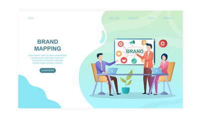 Male and female characters in conference room brand mapping. Concept of building company brand perception. Website, web page, landing page template. Flat cartoon vector illustration