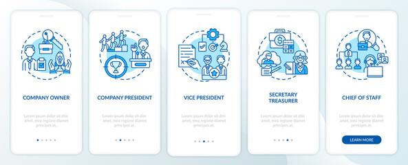 Company top management jobs onboarding mobile app page screen with concepts. Company president walkthrough 5 steps graphic instructions. UI vector template with RGB color illustrations
