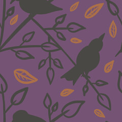 Seamless pattern with outline gray birds sitting on tree branches across leaves on purple background. Linen, bedding, textile, fabric, print, packaging, stationery design