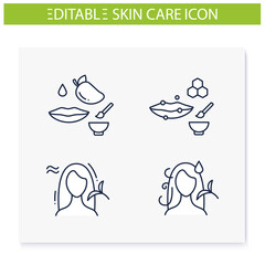 DIY natural skincare line icons set. Consists of facial masks, hair care, lip care. Facial beauty treatment. Organic care concept. Isolated vector illustrations.Editable stroke