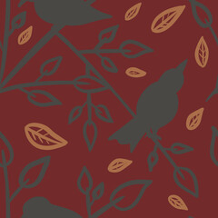 Seamless pattern with outline gray birds sitting on tree branches across leaves on dark red background. Linen, bedding, textile, fabric, print, packaging, stationery design