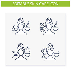 DIY natural skincare line icons set. Facial beauty treatment. Organic care concept. Isolated vector illustrations.Editable stroke