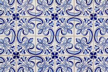 azure and pale blue floral pattern on handmade portuguese tiles